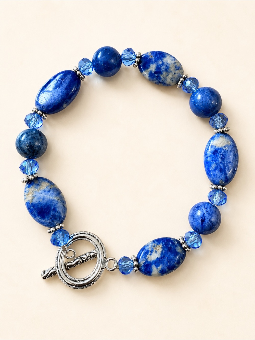 Artisan Sodalite Gemstone Bracelet Blue Crystal Accents Toggle Clasp